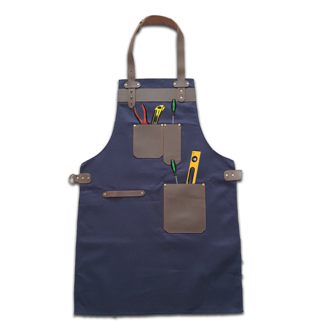 The Devon Top Grain Leather Blue Canvas Apron