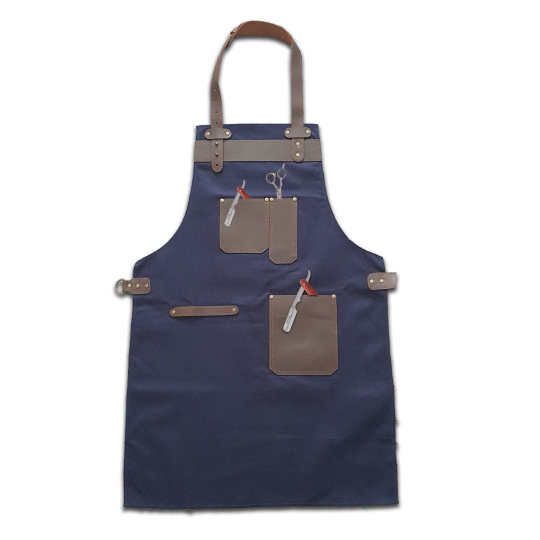 The Devon Top Grain Leather Blue Canvas Apron