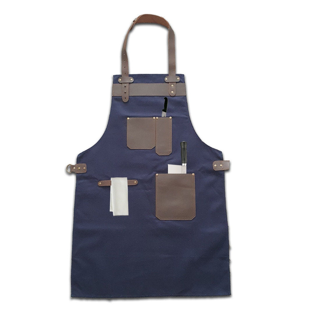 The Devon Top Grain Leather Blue Canvas Apron