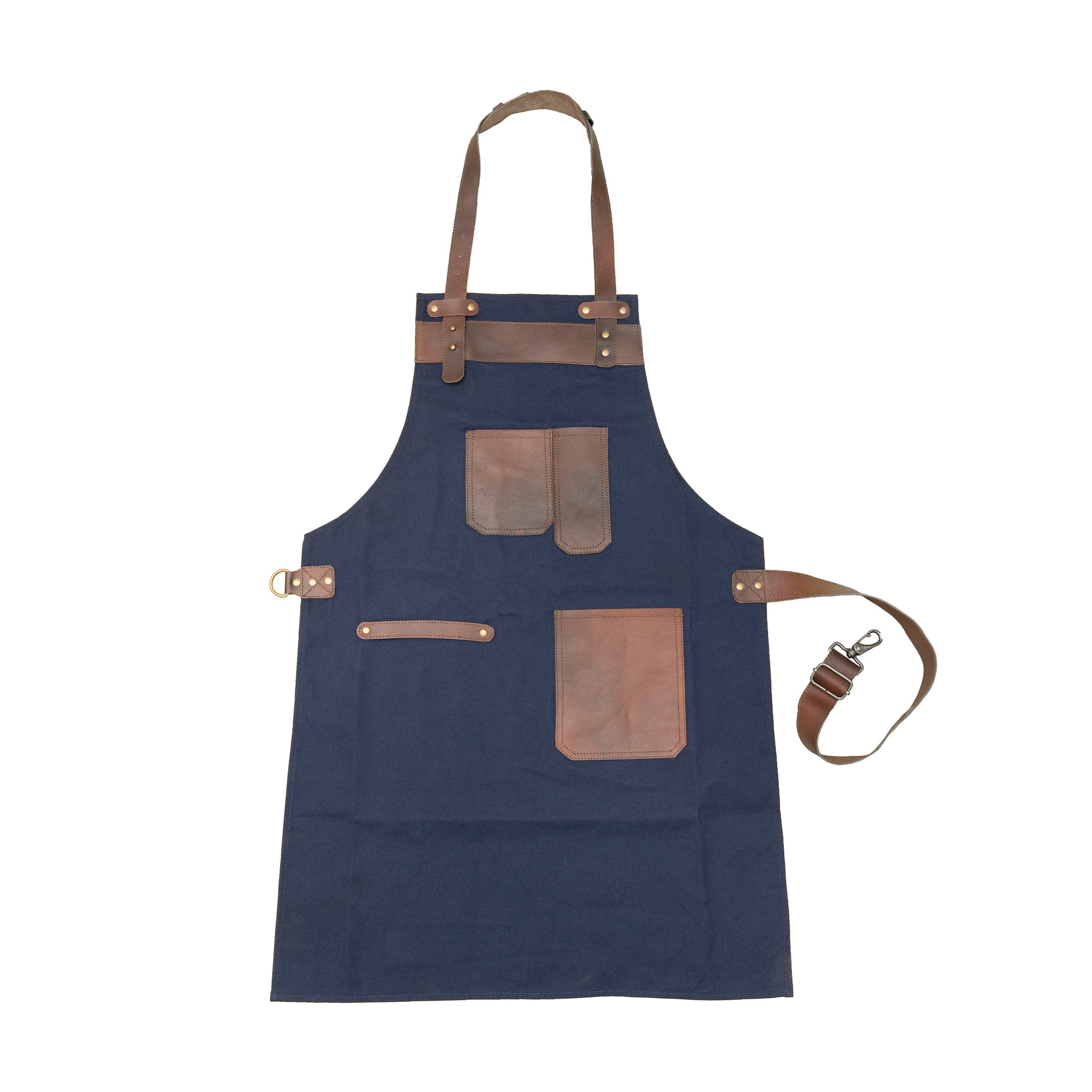 The Devon Top Grain Leather Blue Canvas Apron