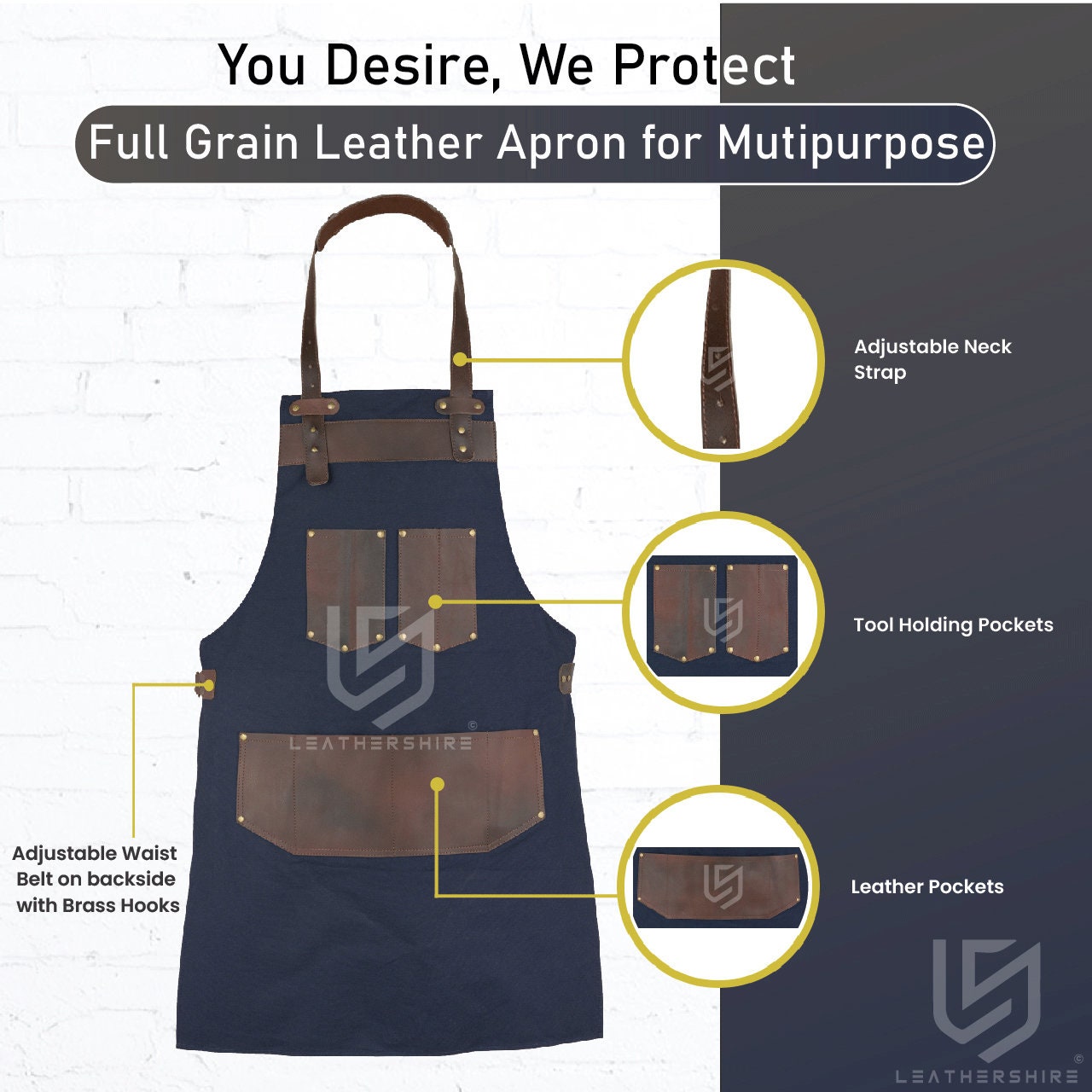 The Herefordshire Full Grain Leather Blue Canvas Apron